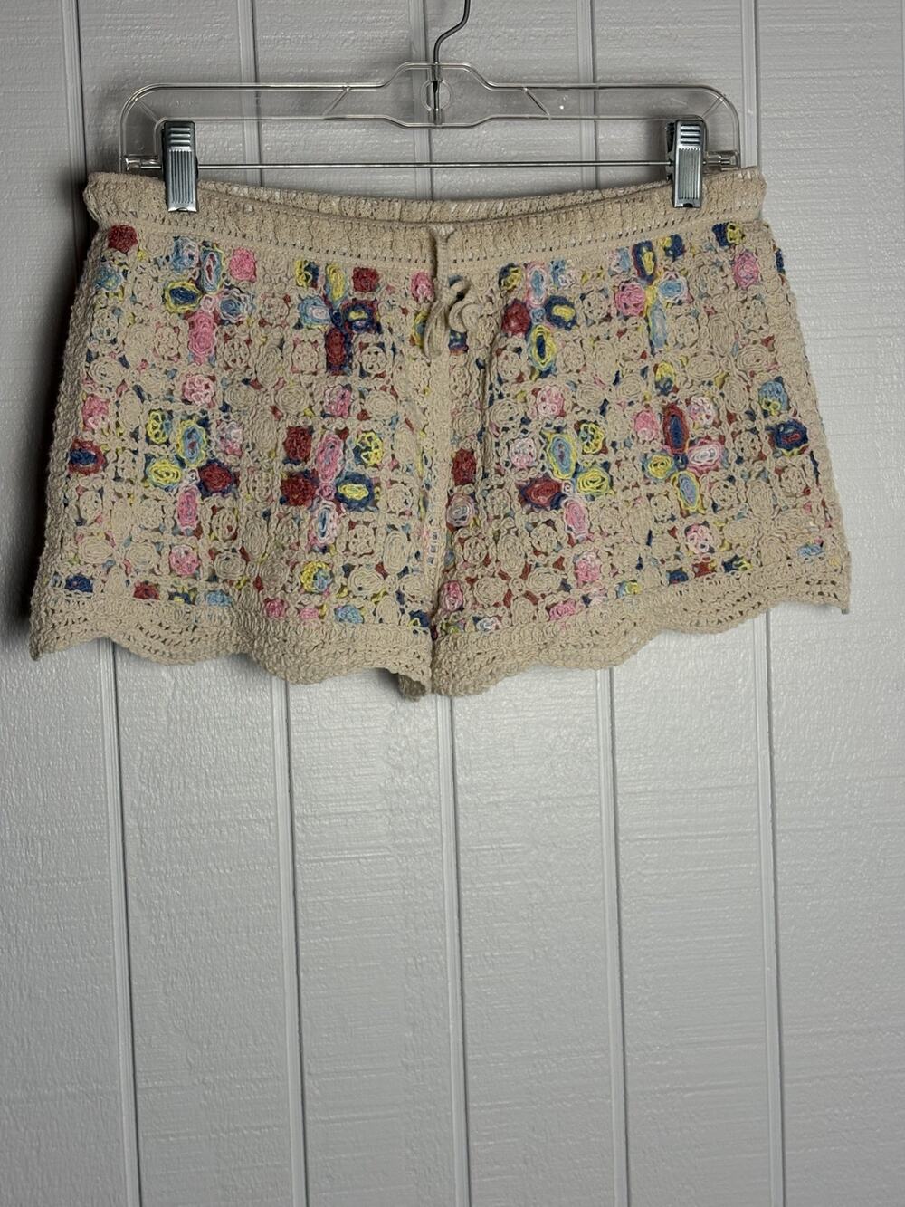 Women's L Crochet Floral Hot Pants Shorts Lined Bobo Coquette Festival